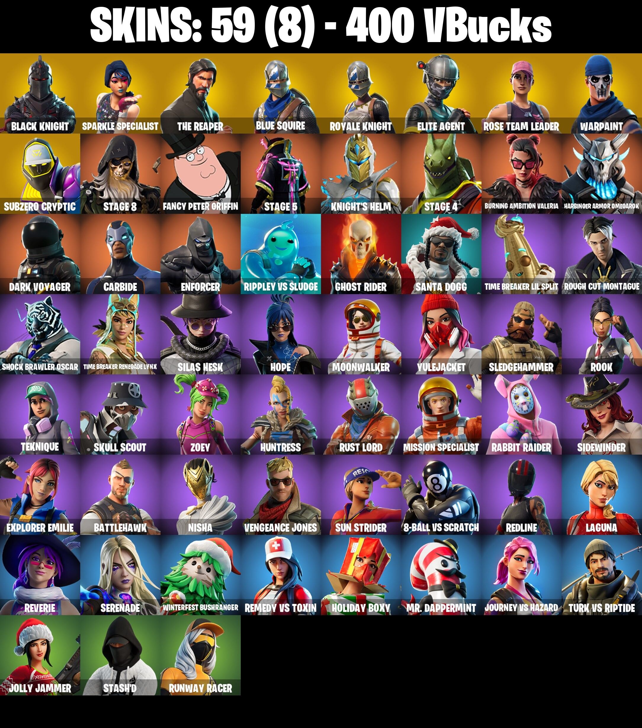 Fortnite Account ( PLAYSTATION / XBOX / PC / NINTENDO ) (BLACK KNIGHT, SPARKLE SPECIALIST, THE REAPER, FLOSS) (59 Skins)