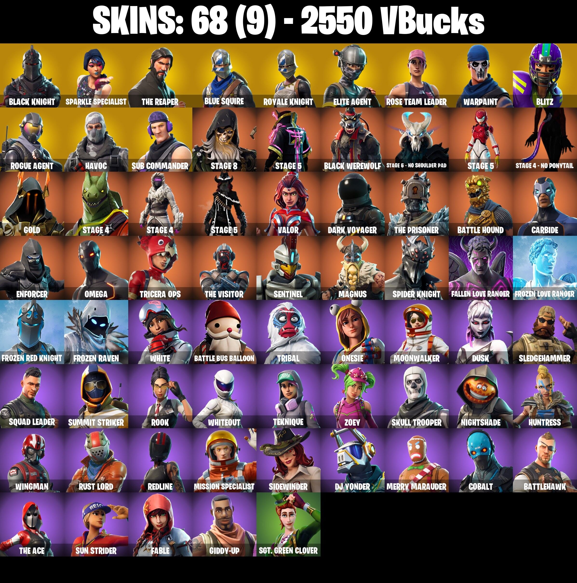 Fortnite Account ( PLAYSTATION / XBOX / PC / NINTENDO ) (BLACK KNIGHT, SPARKLE SPECIALIST, THE REAPER, FLOSS) (68 Skins)