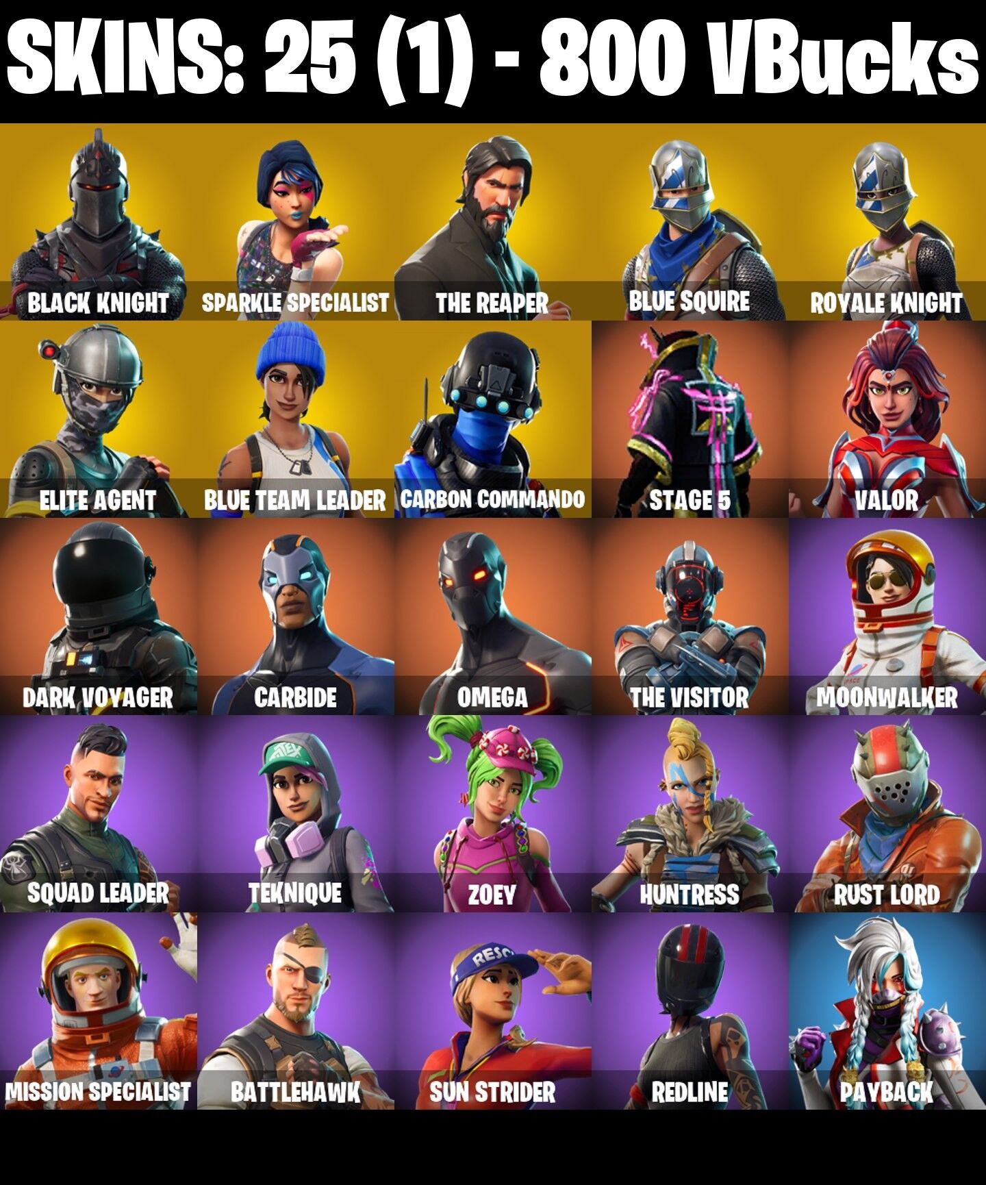 Fortnite Account ( PLAYSTATION / XBOX / PC / NINTENDO ) (BLACK KNIGHT, SPARKLE SPECIALIST, THE REAPER, BLUE SQUIRE, FLOSS) (25 Skins)