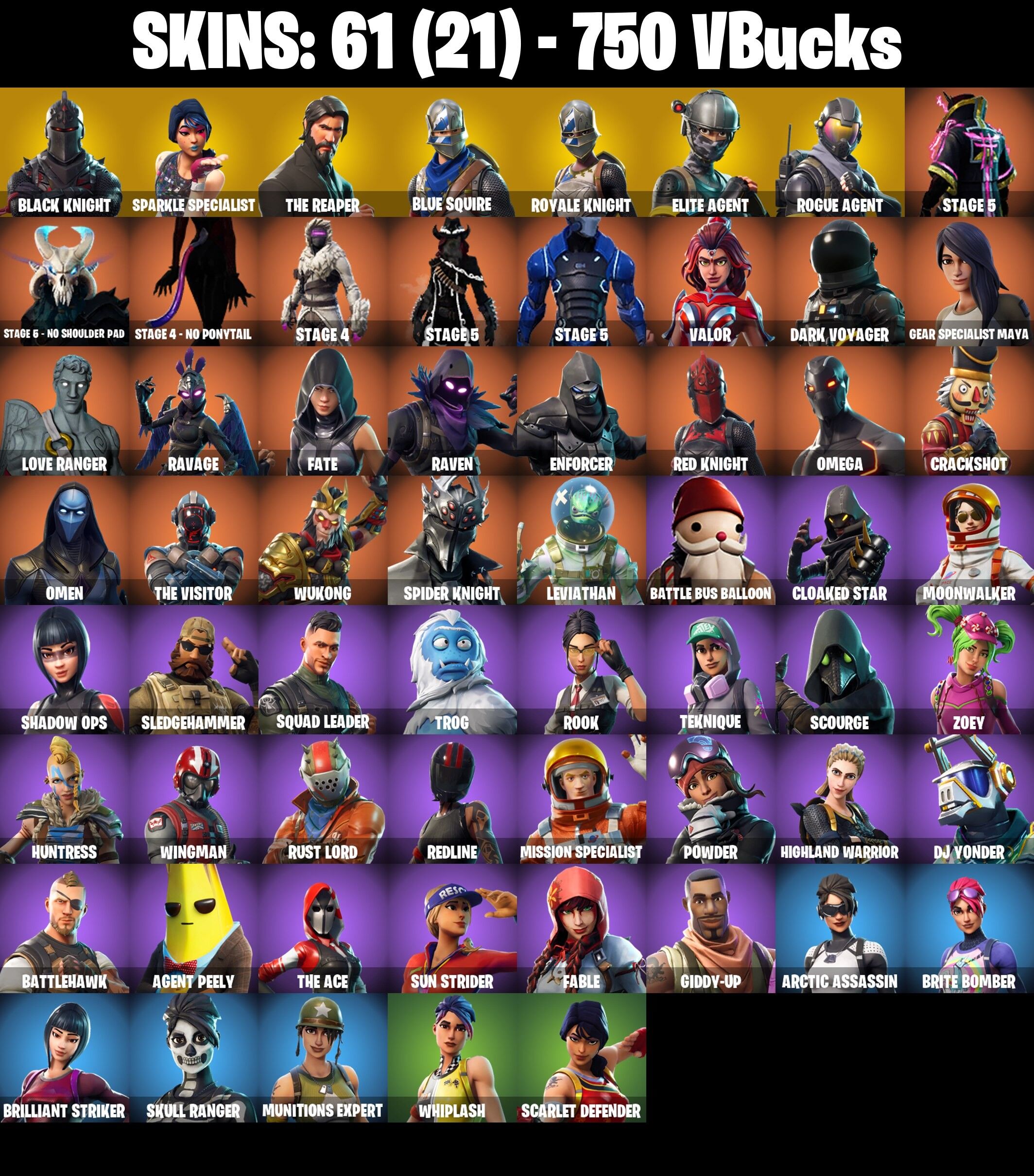 Fortnite Account ( PLAYSTATION / XBOX / PC / NINTENDO ) (BLACK KNIGHT, SPARKLE SPECIALIST, THE REAPER, BLUE SQUIRE, FLOSS) (61 Skins)