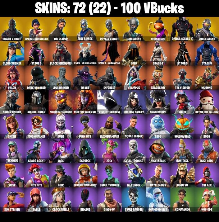 Fortnite Account ( PLAYSTATION / XBOX / PC / NINTENDO ) (BLACK KNIGHT, SPARKLE SPECIALIST, THE REAPER, BLUE SQUIRE, FLOSS) (72 Skins)