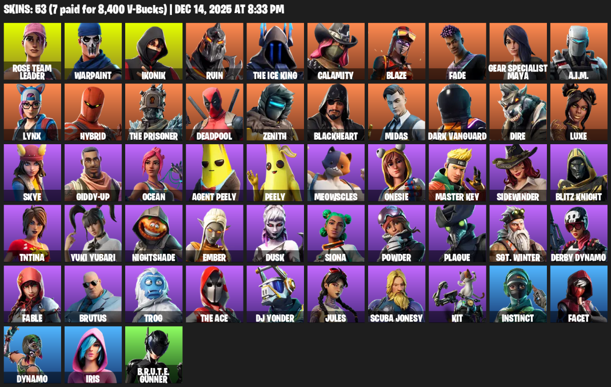 Fortnite Account ( PLAYSTATION / XBOX / NINTENDO ) (IKONIK, Crowbar, Deadpool, Midas, Hybrid, Calamity, Lynx, The Ice King, Ruin, Agent Peely, Meowscles, TNTina, Luxe, Peely, Jules, Blackheart, Brutus) (53 Skins)