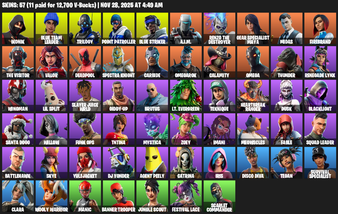 Fortnite Account ( PLAYSTATION / XBOX / NINTENDO ) (IKONIK, Orange Justice, Blue Team Leader, Blue Striker, Trilogy, Crowbar, Deadpool, Midas, Calamity, Omega, Agent Peely, Meowscles, TNTina, Brutus, DJ Yonder, Carbide) (57 Skins)