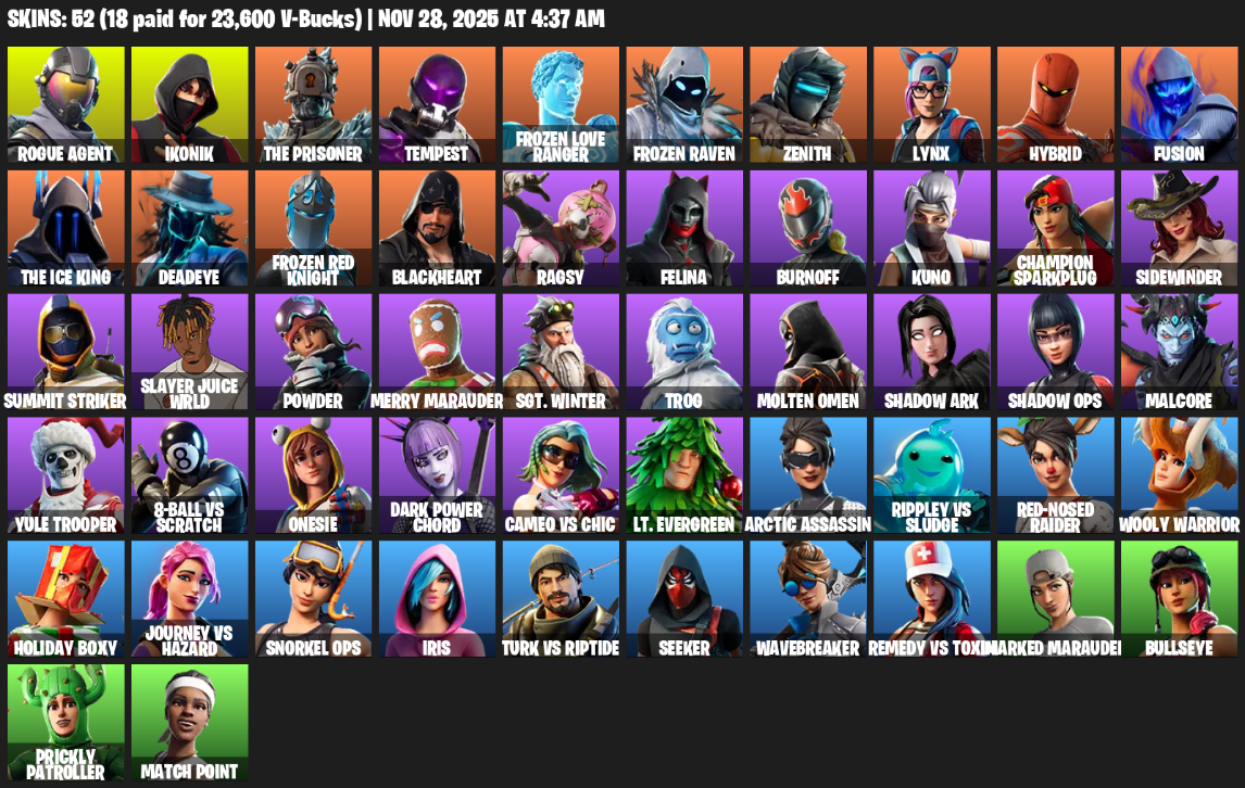 Fortnite Account ( PLAYSTATION / XBOX / NINTENDO ) (IKONIK, Orange Justice, Rogue Agent, Hybrid, Lynx, The Ice King, Fusion, Blackheart, Lt. Evergreen, Wooly Warrior, Iris, Deadeye, Snap, Powder, Sidewinder) (52 Skins)