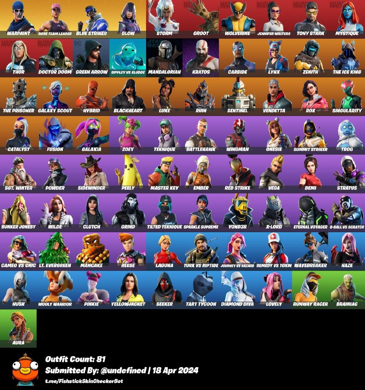 Fortnite Account ( PC ) (Leviathan Axe, Glow, Green Arrow, Aura, Crowbar, Galaxy Scout, Tony Stark) (80+ Skins)