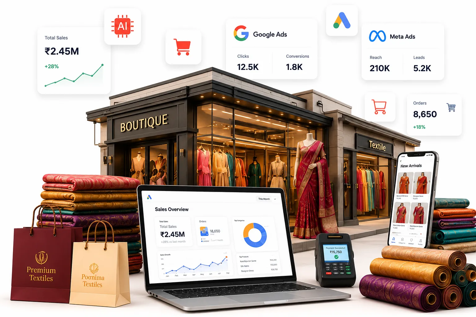 Textile boutique dashboard with business overview, sales channels, and top-selling categories overlaid on a garment rack