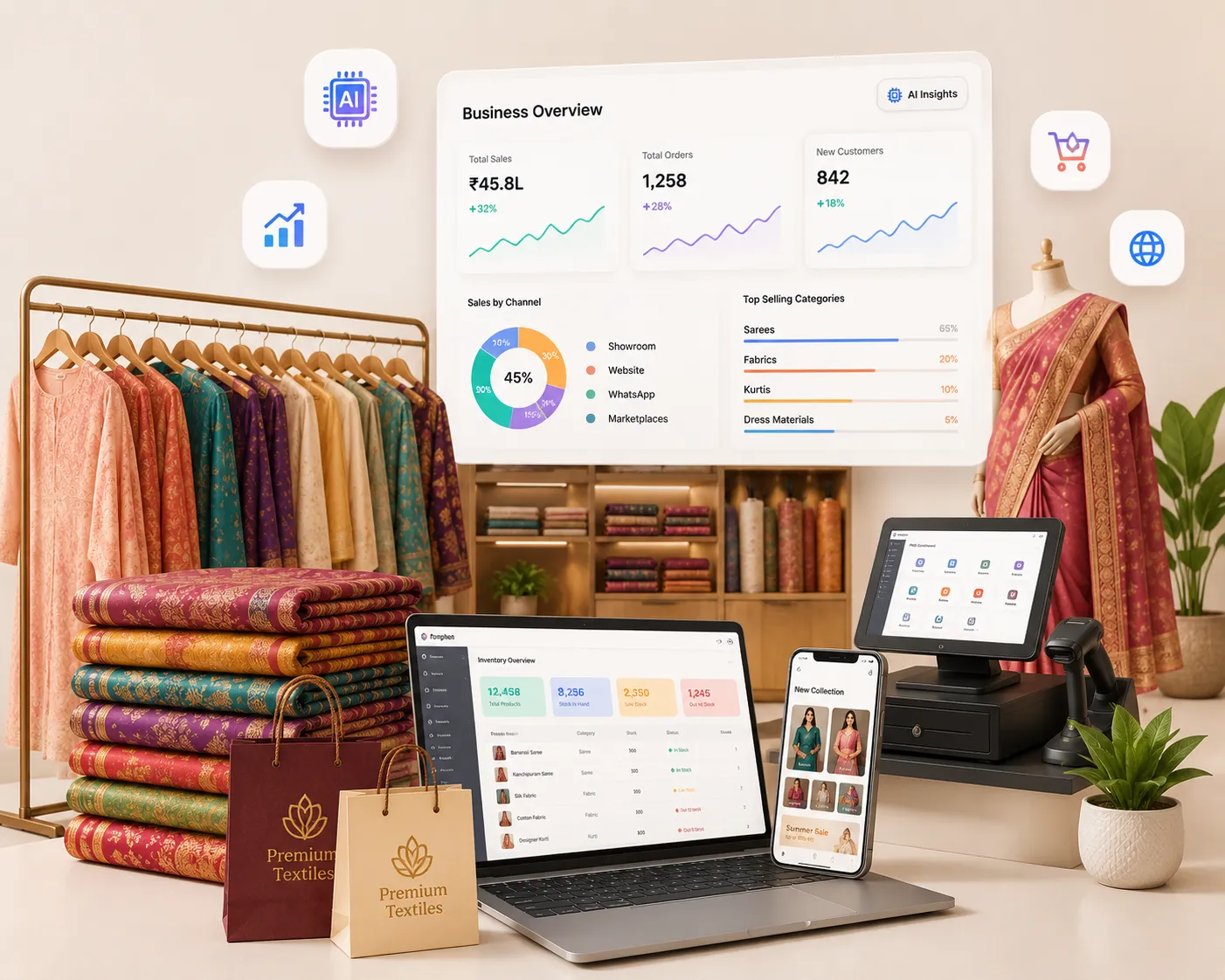 Textile boutique storefront with sales dashboard, Google Ads, Meta Ads, and order stats overlaid