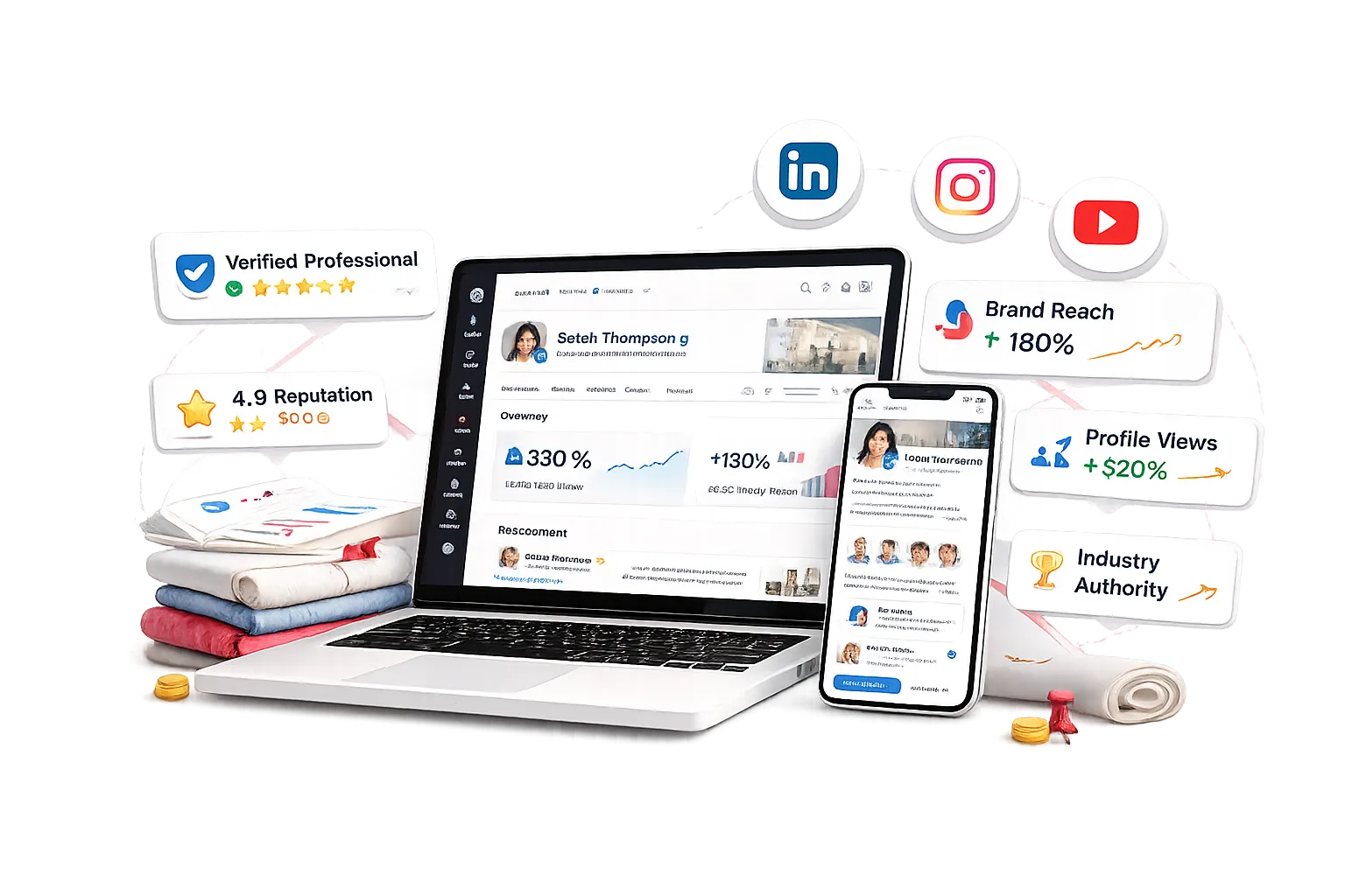 Laptop and phone showing a personal branding dashboard with profile stats, surrounded by social platform icons