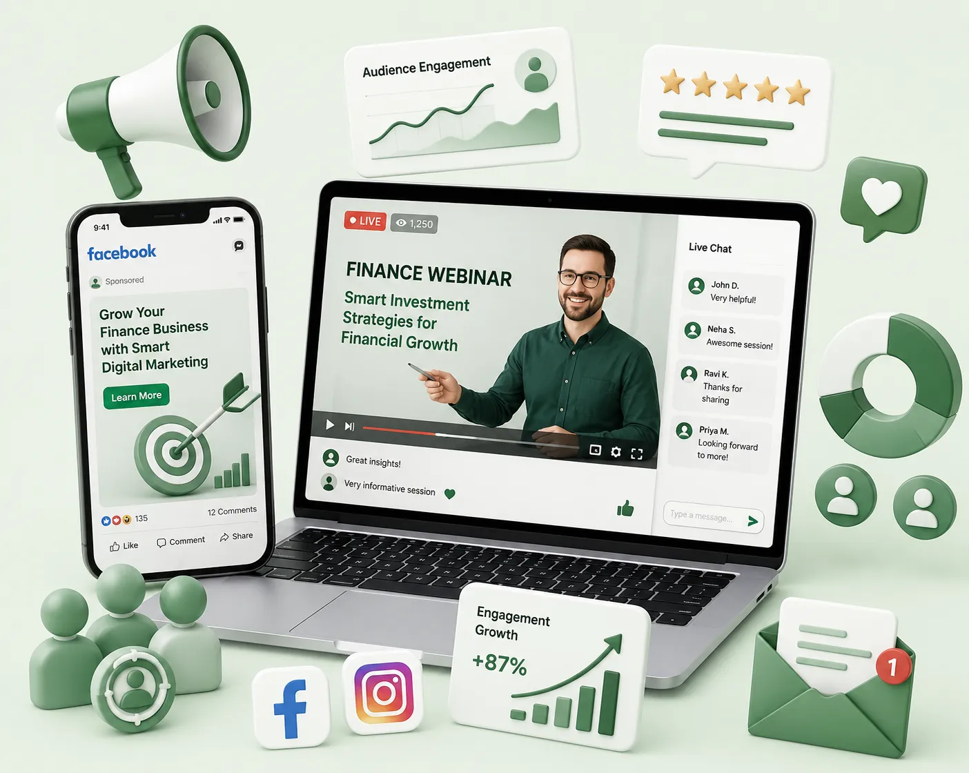 Finance webinar and social media engagement mockup