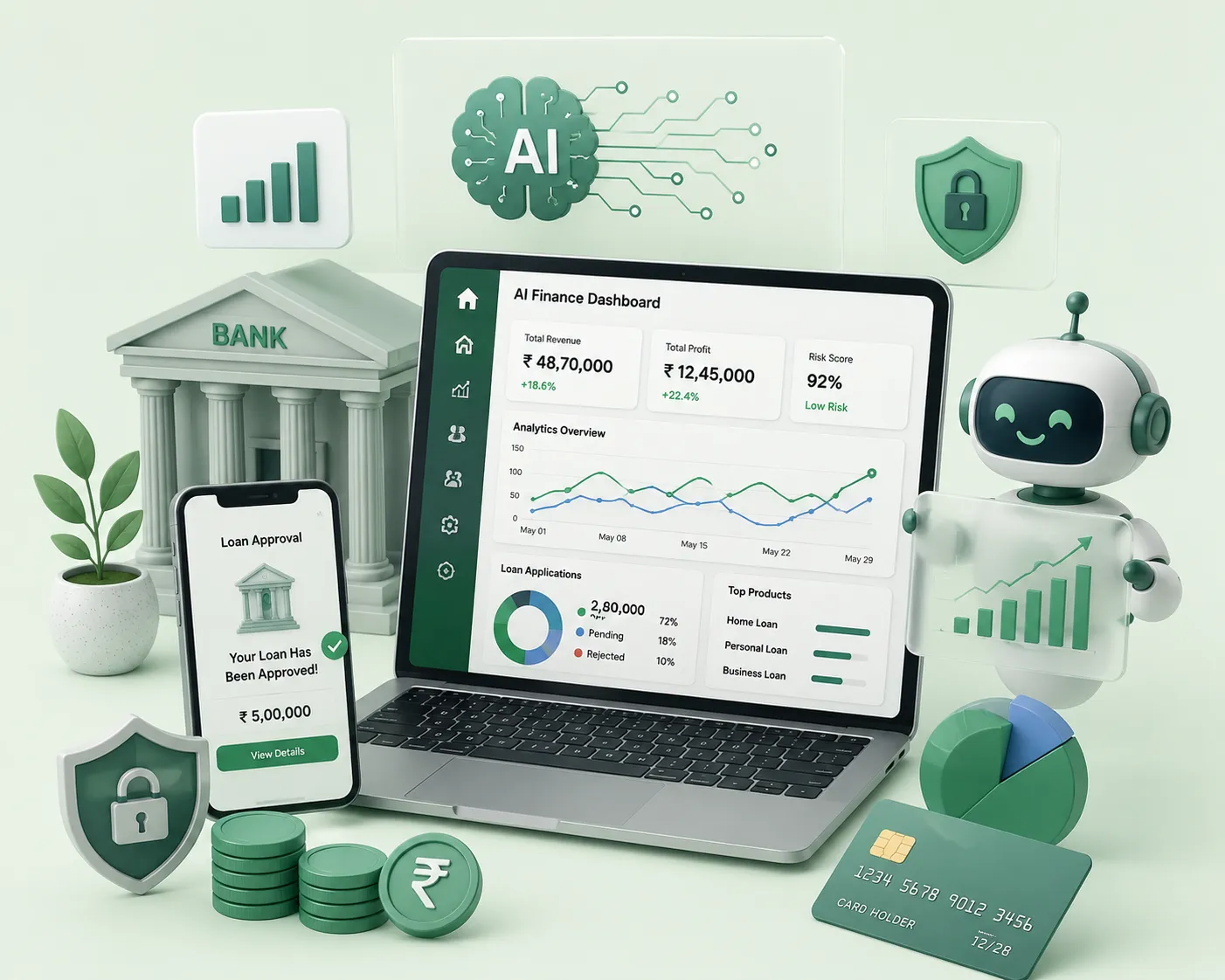 AI-powered finance dashboard, loan approval, and analytics mockup