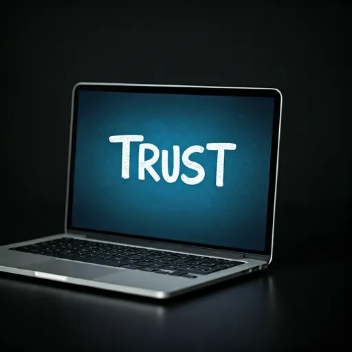 Laptop screen displaying the word TRUST