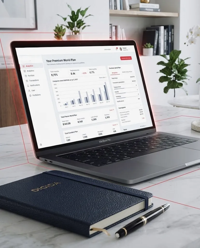 Financial advisor's desk with laptop showing portfolio dashboard