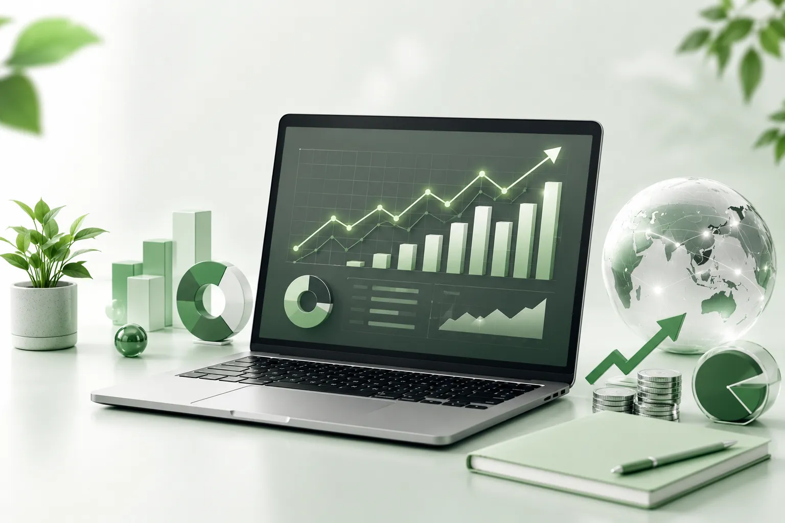 Laptop displaying a wealth management growth dashboard on a desk