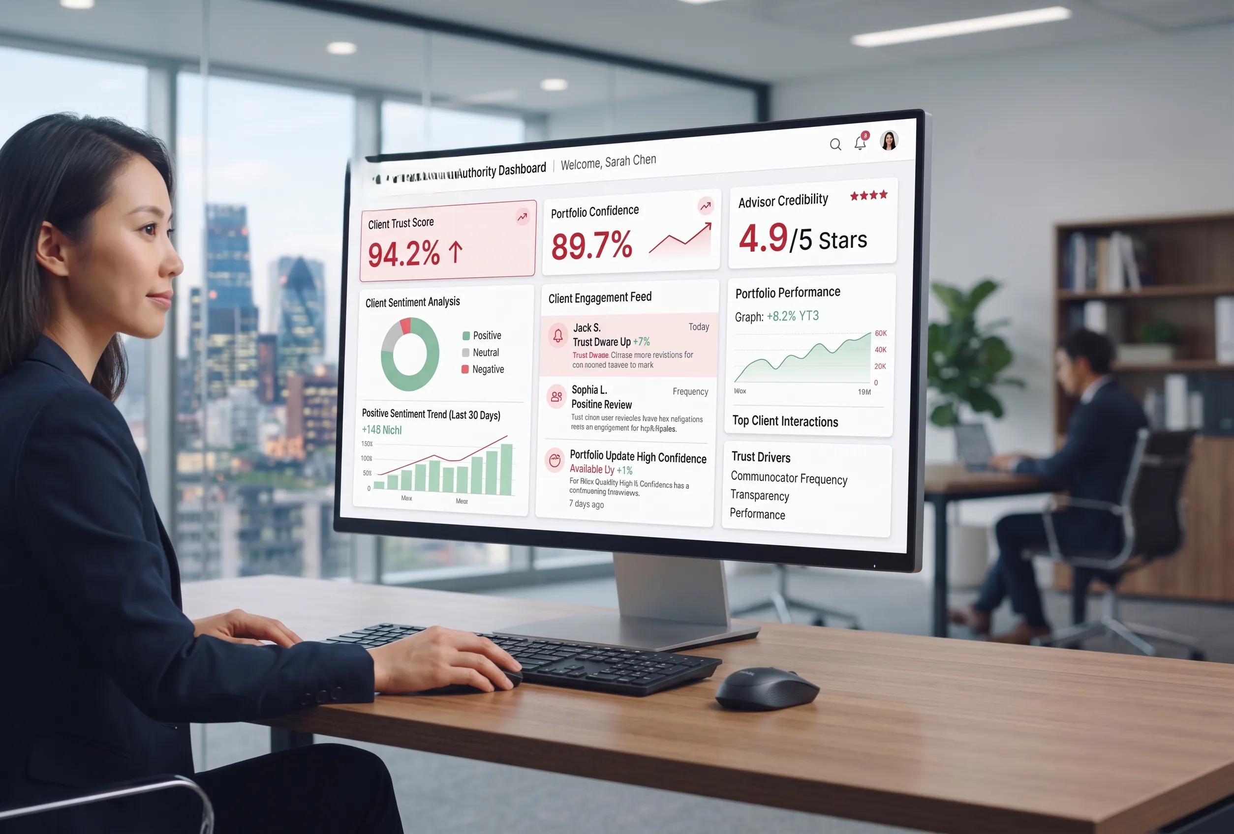 Advisor dashboard showing client trust and portfolio confidence metrics