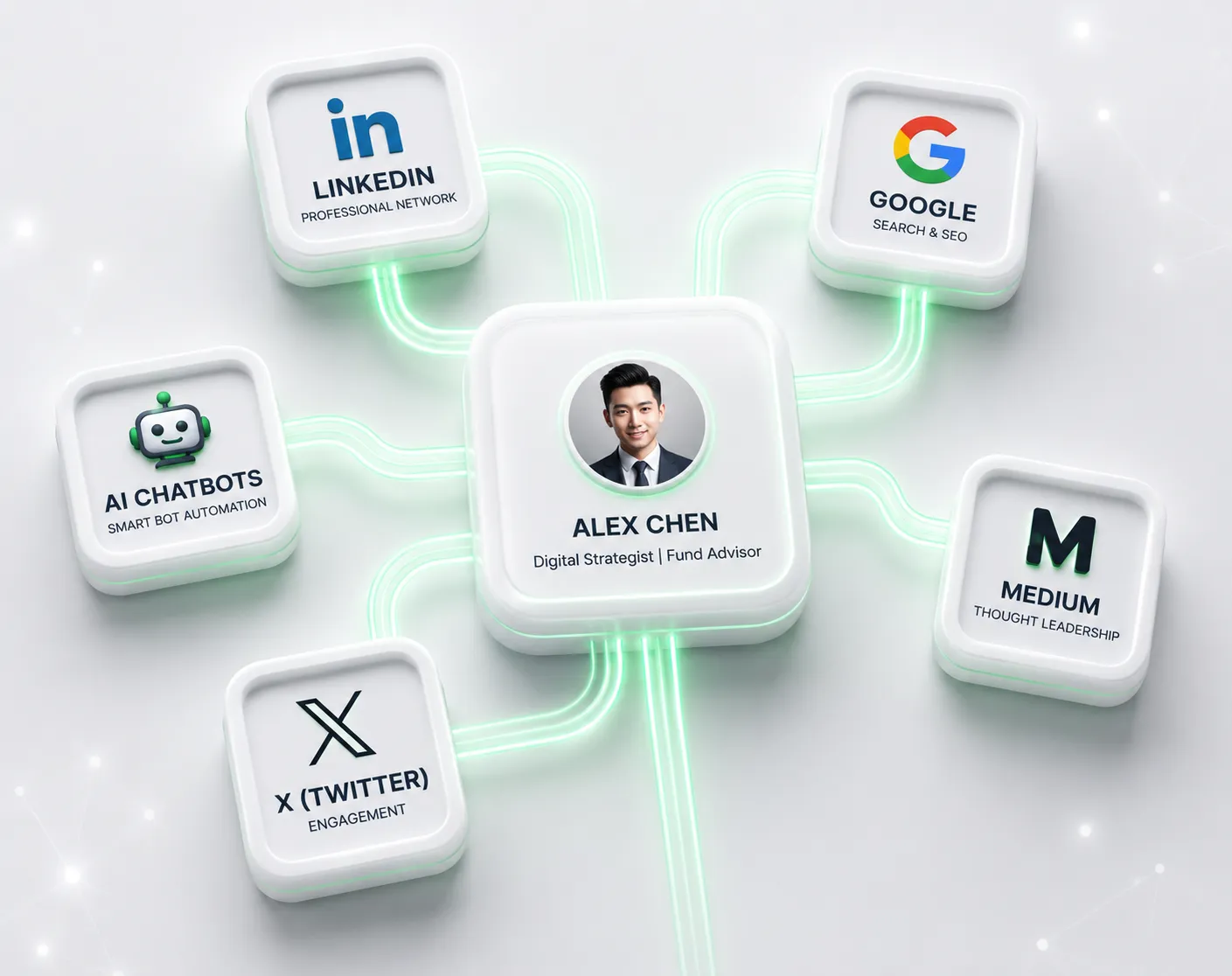 Advisor profile connected to LinkedIn, Google, AI chatbots and social platforms