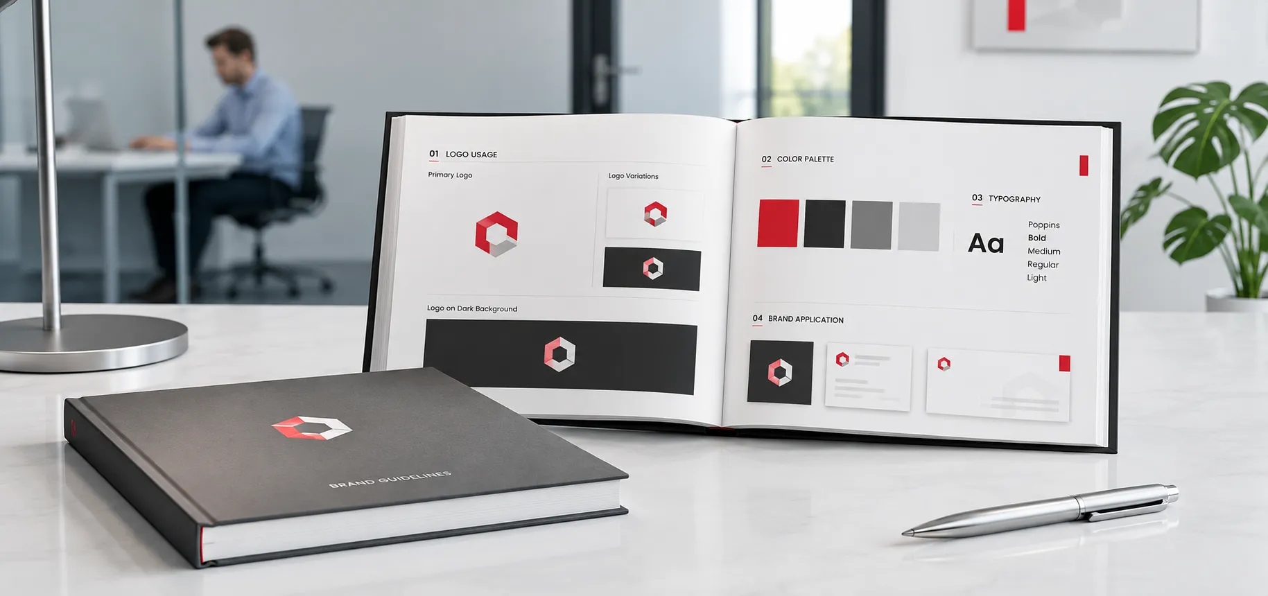 Open branding style guide book on a desk