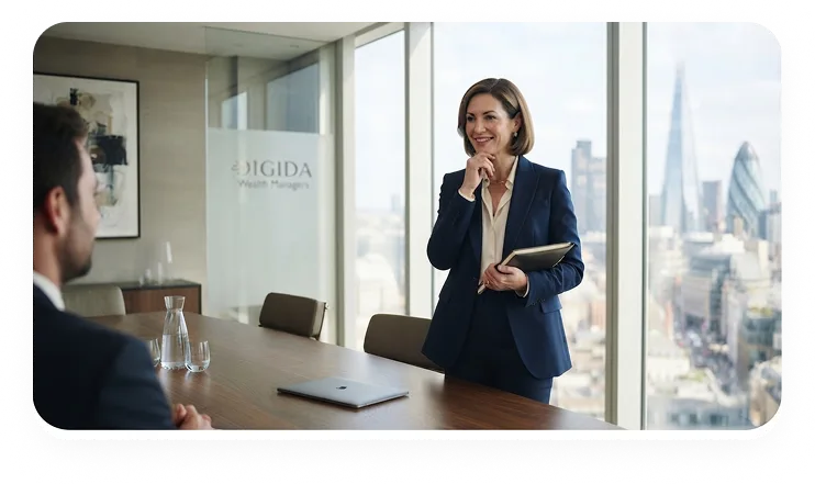 Financial advisor presenting to a client in a glass-walled boardroom