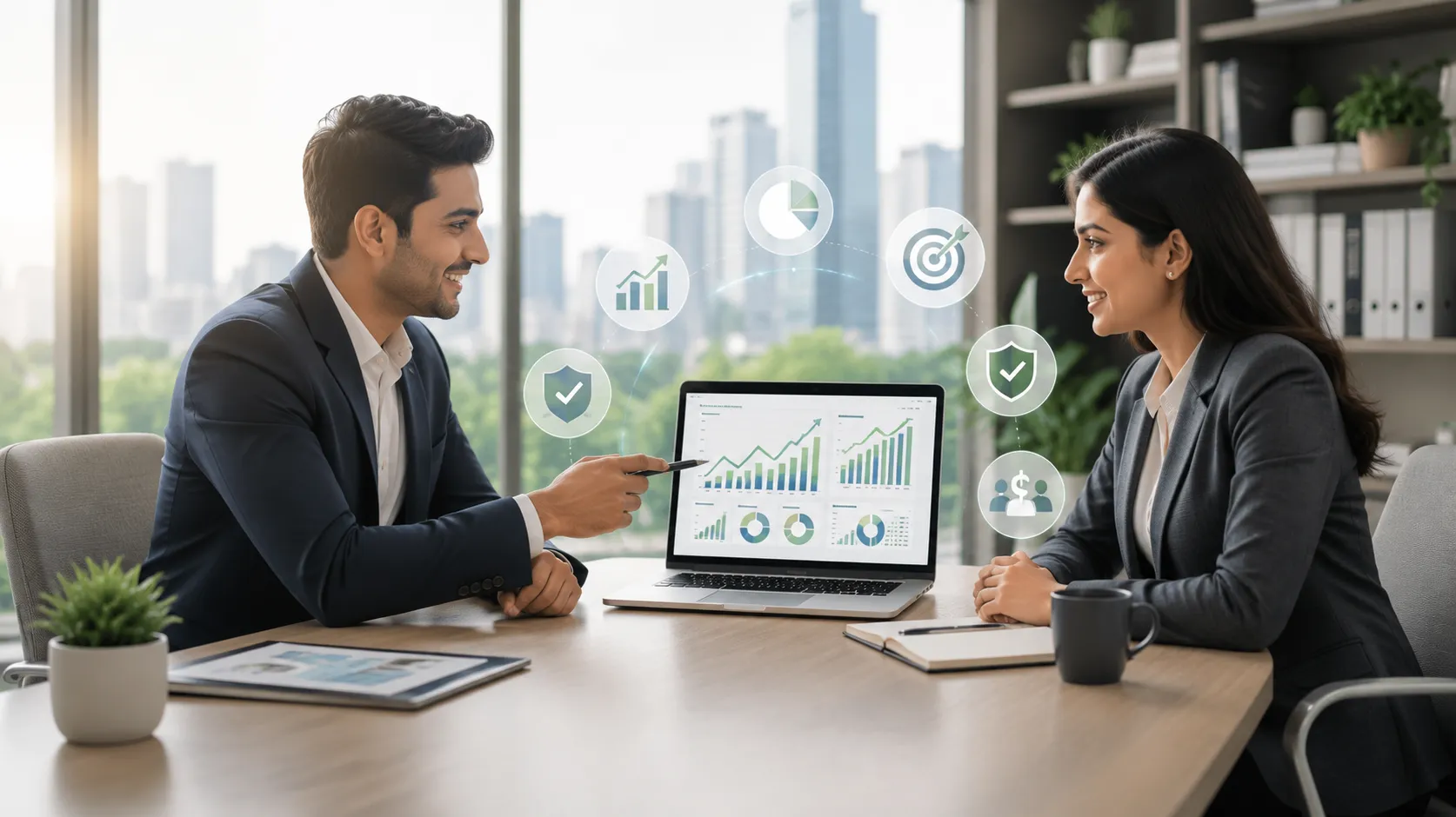 Mutual fund distributor reviewing portfolio growth with a client