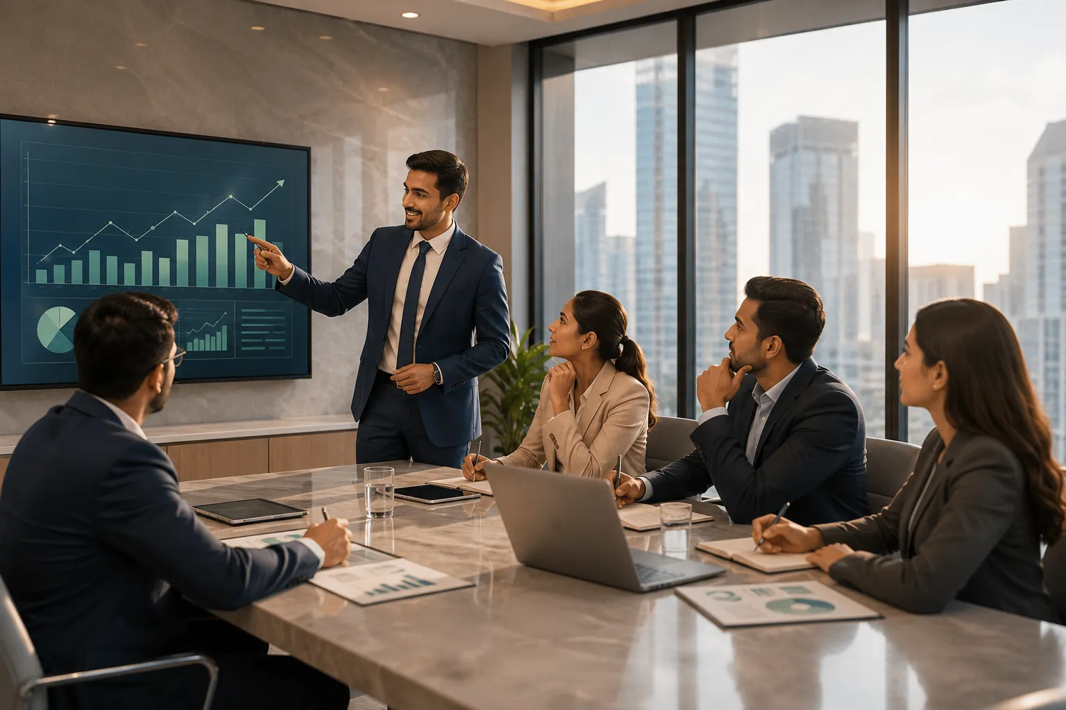 Financial distributor presenting portfolio performance to a boardroom
