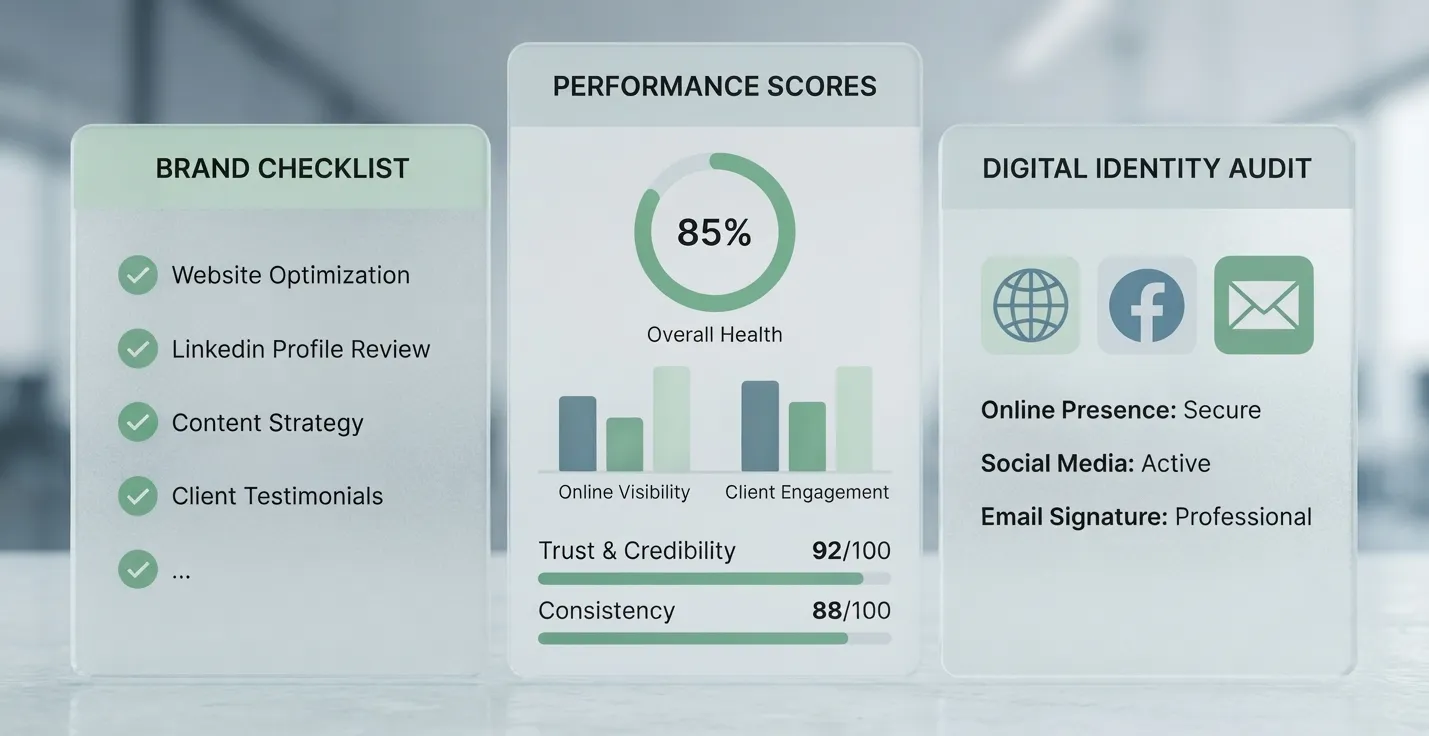 Brand checklist, performance scores, and digital identity audit dashboard