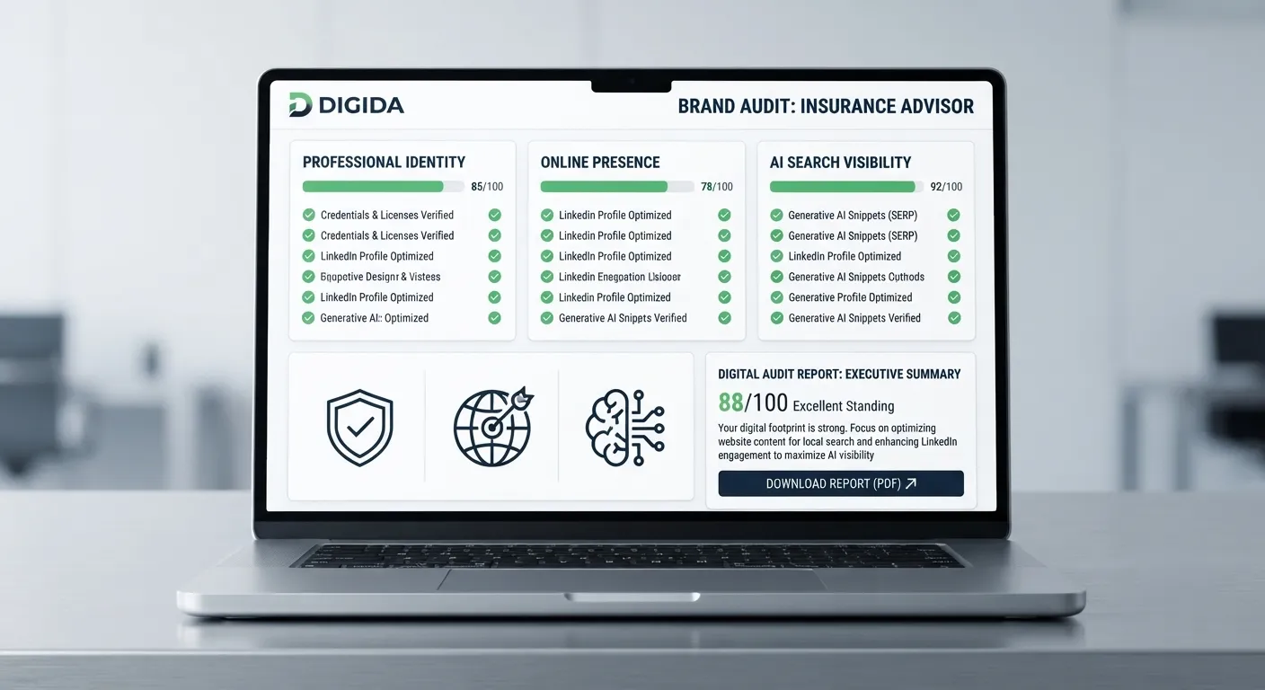 Laptop showing Digida brand audit dashboard for an insurance advisor