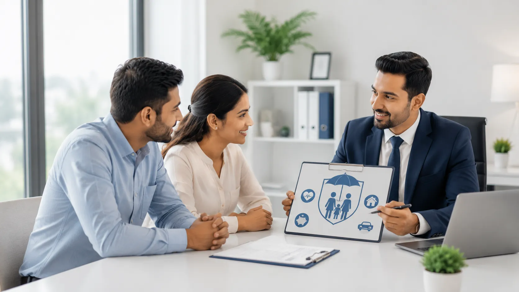Insurance advisor explaining a family protection plan to clients
