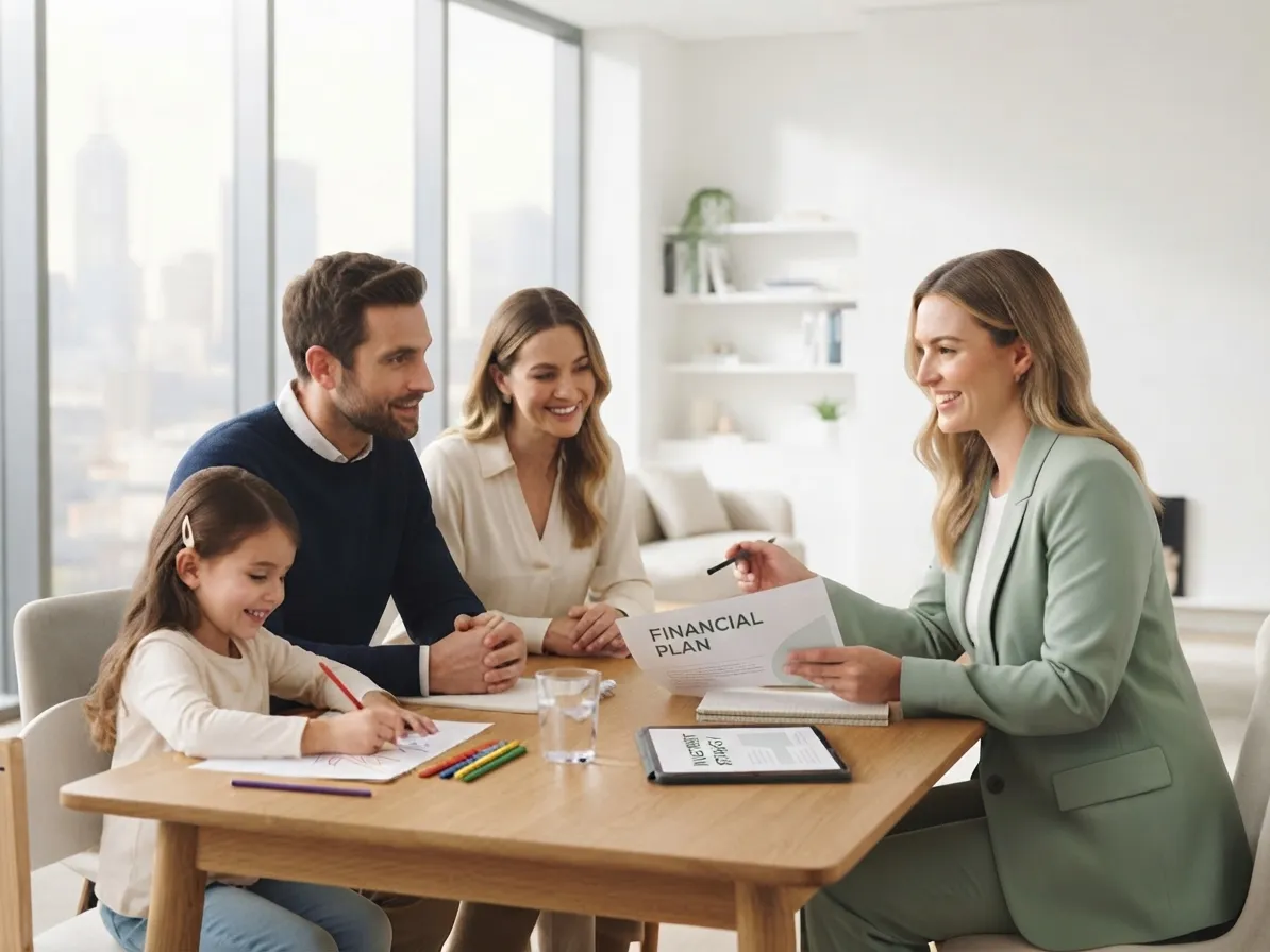 Financial advisor reviewing a financial plan with a family