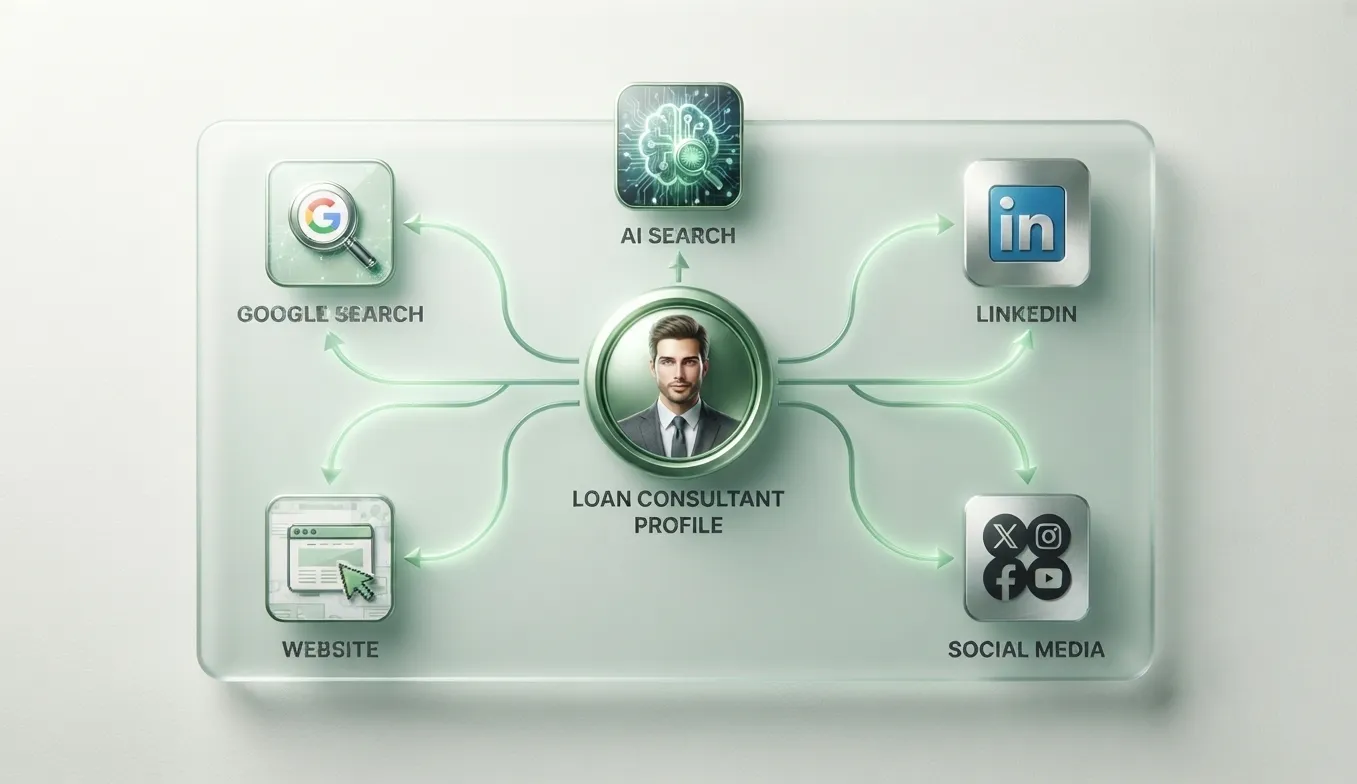 Loan consultant profile connected to Google, LinkedIn, AI search, website, and social media