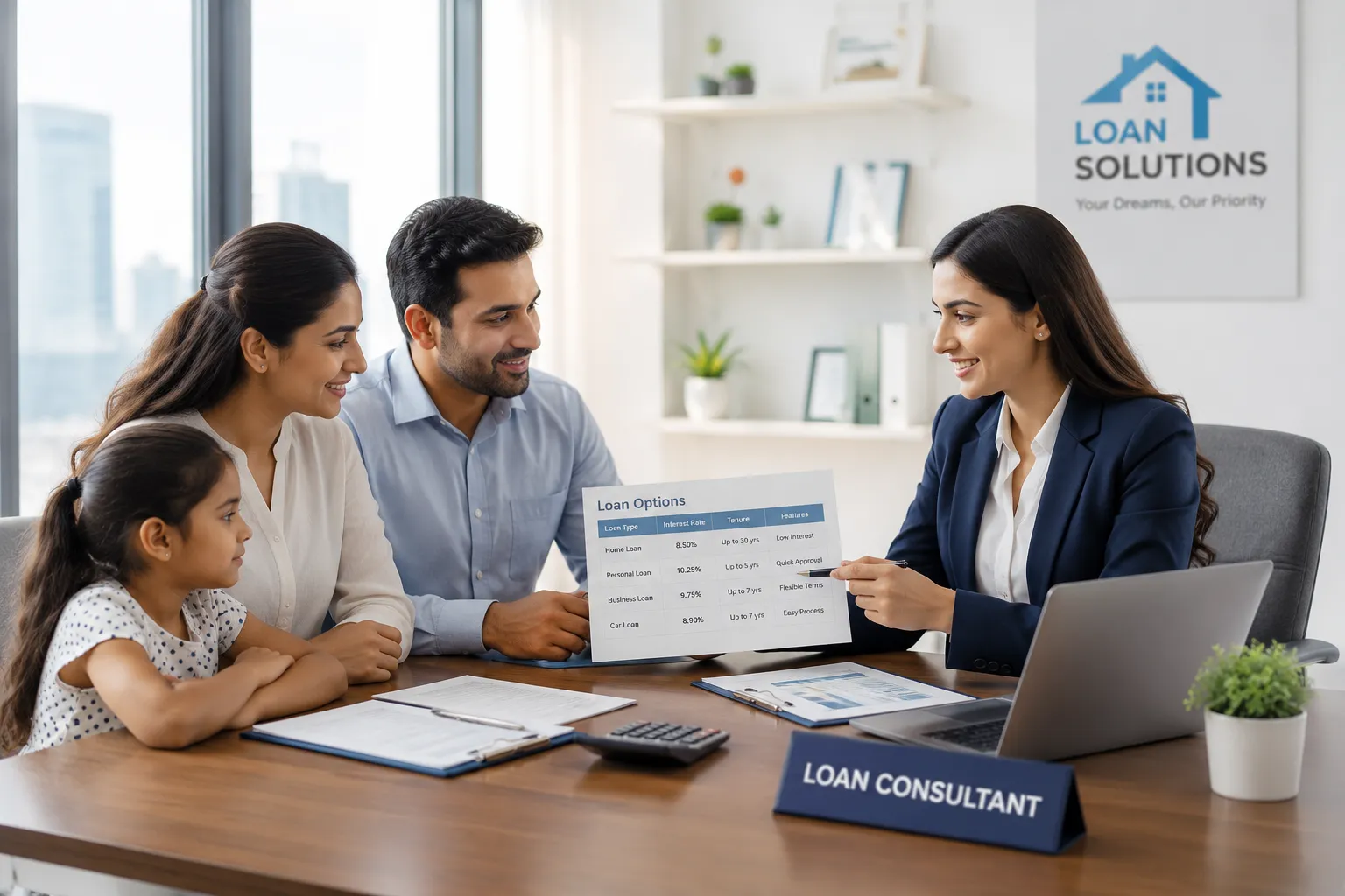 Loan consultant reviewing loan options with a family