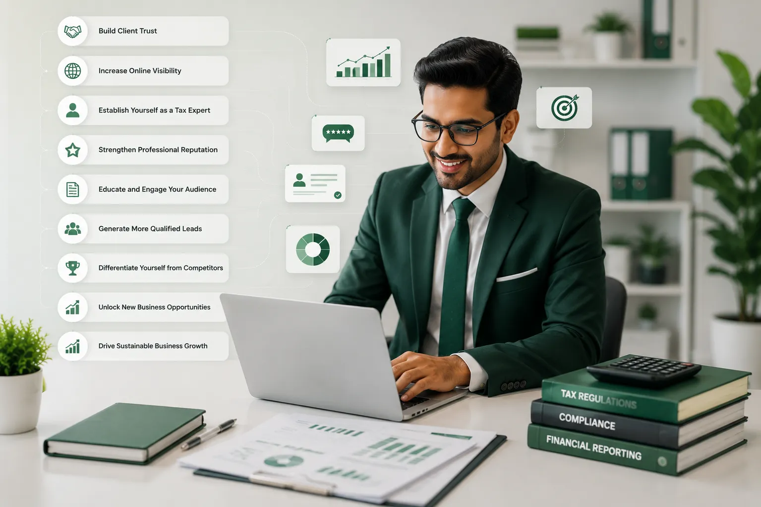 Chartered Accountant working on brand strategy at desk