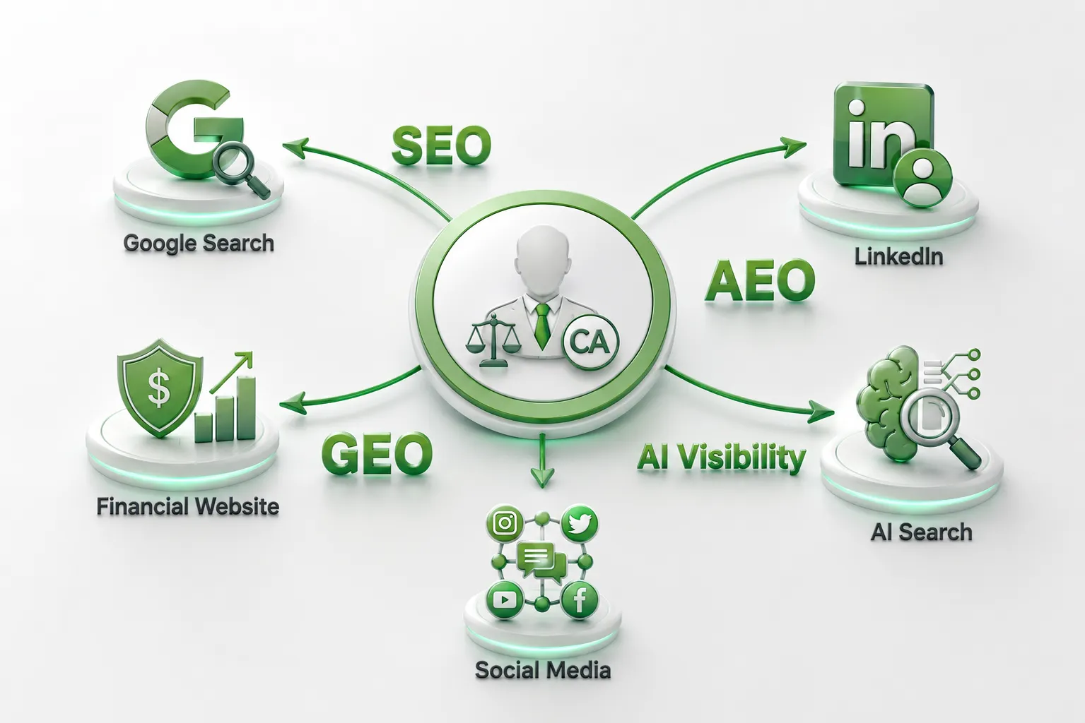 Chartered Accountant growth ecosystem: Google Search, LinkedIn, AI Search, GEO, AEO, SEO