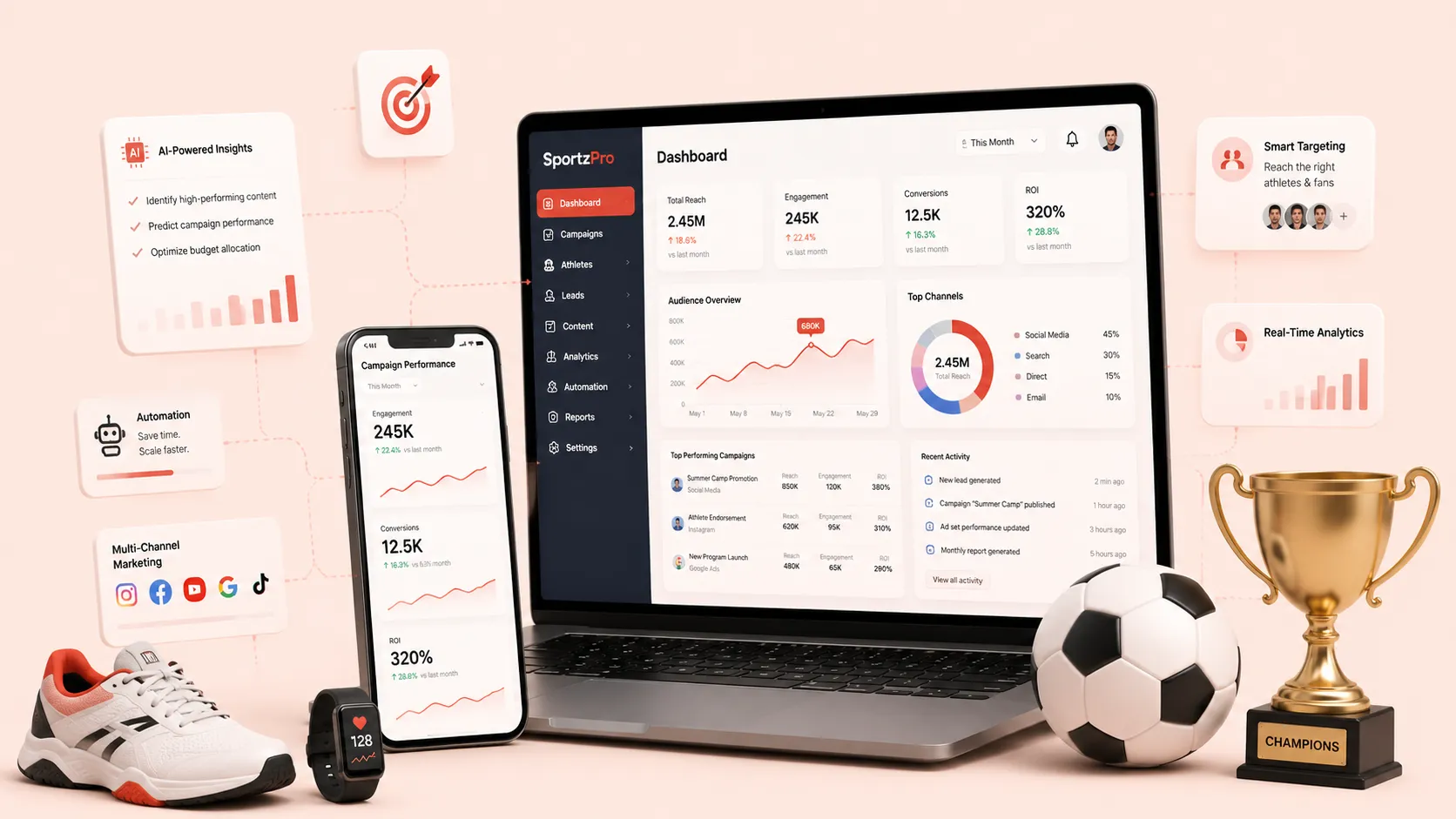 Laptop and phone showing a sports business marketing dashboard, alongside a soccer ball and trophy