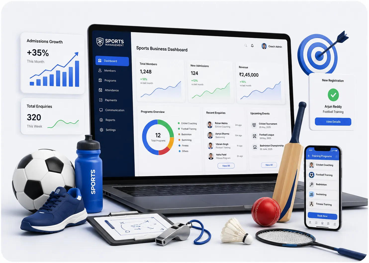 Laptop showing a sports business dashboard with admissions and enquiry stats, surrounded by sports equipment