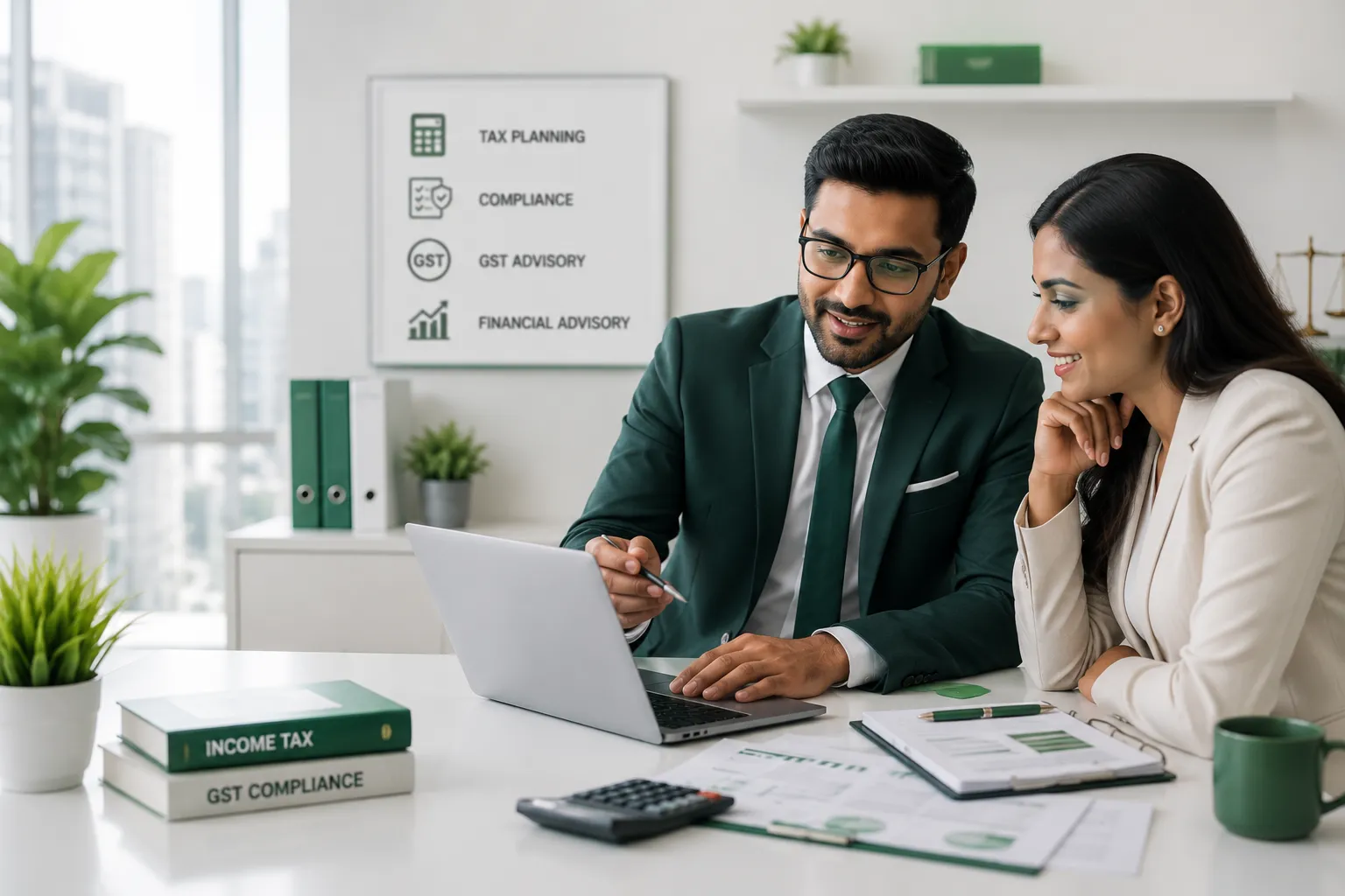 Tax consultant discussing corporate taxation strategy with a client