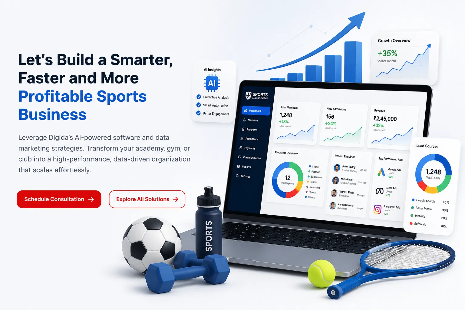 Laptop showing a sports business growth dashboard with revenue chart, surrounded by sports equipment