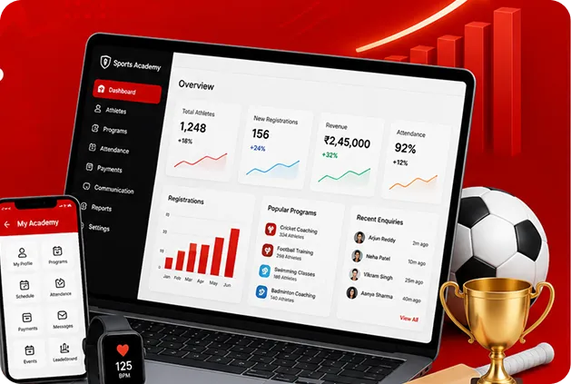 Laptop and phone showing a sports academy dashboard with registrations and revenue stats, alongside a soccer ball and trophy
