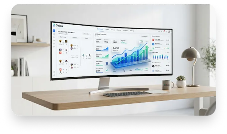 Curved monitor on a desk showing a tournament analytics dashboard