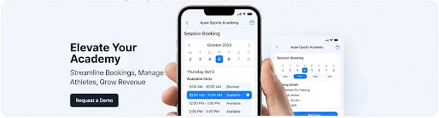 Phone screens showing an academy session booking interface