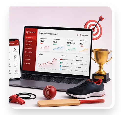 Laptop and phone showing a sports business dashboard, surrounded by a water bottle, football, cricket bat, and running shoes