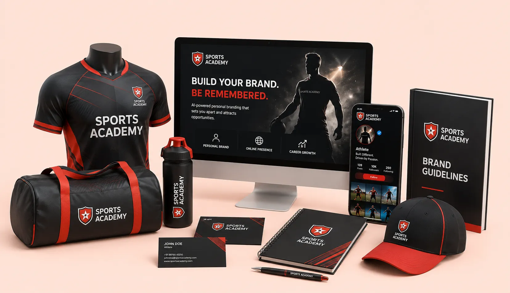 Monitor, phone, apparel, and branded merchandise showcasing a sports academy personal brand identity