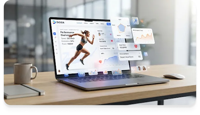 Laptop on a desk showing an athlete performance overview dashboard