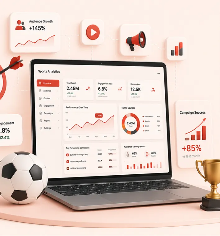 Laptop showing a sports analytics dashboard surrounded by campaign performance cards, a soccer ball, and a trophy