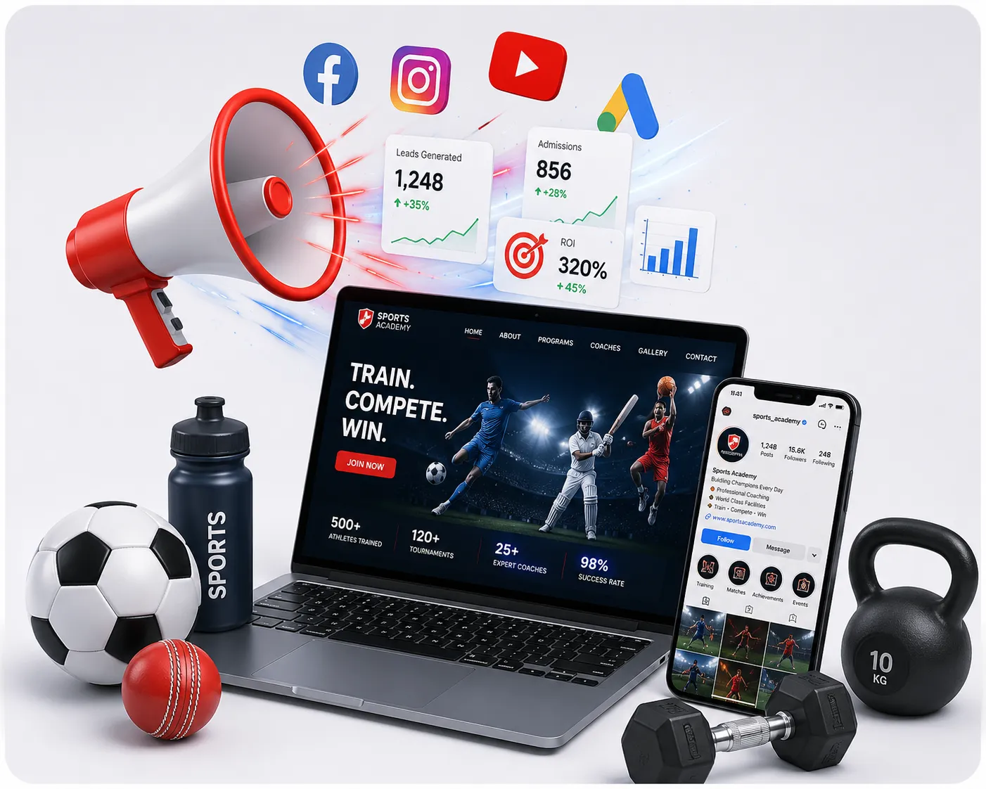 Laptop showing a 'Train. Compete. Win.' sports academy landing page, surrounded by social media platform icons, a megaphone, phone, and gym equipment