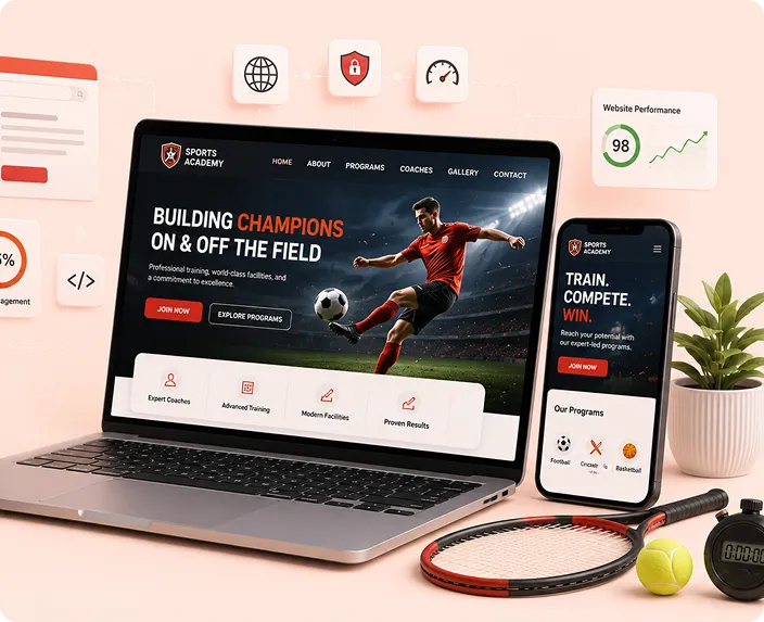 Laptop and phone showing a sports academy website, surrounded by sports equipment and UI icons