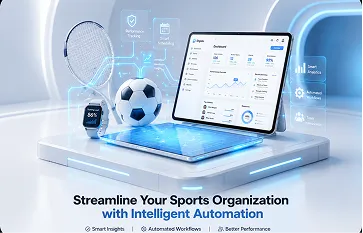 Laptop and soccer ball with digital automation overlay graphics