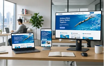 Office desk with multiple monitors showing a sports website