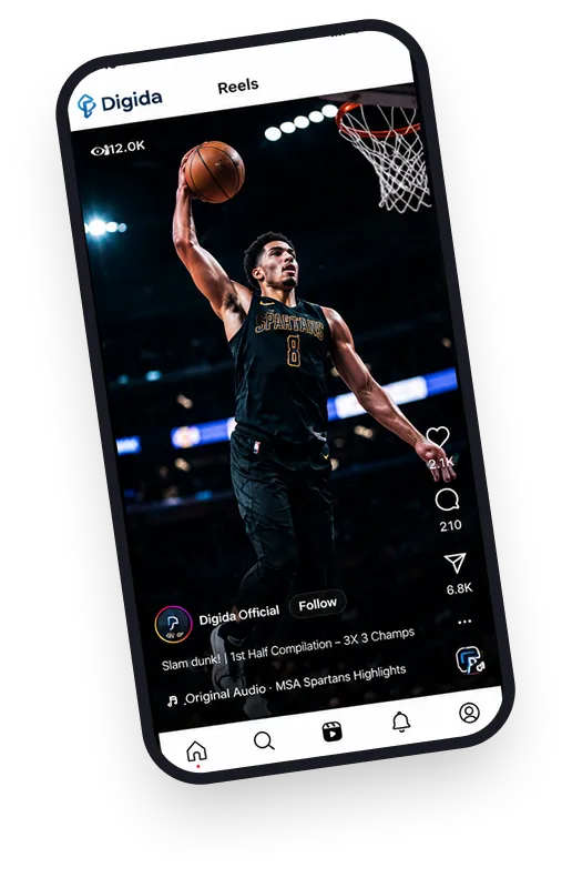 Phone showing a Digida Reels interface with a basketball player highlight video