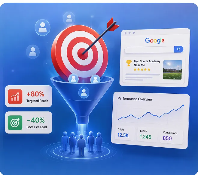 Blue gradient graphic showing a search funnel with a target, Google search result, and performance overview chart