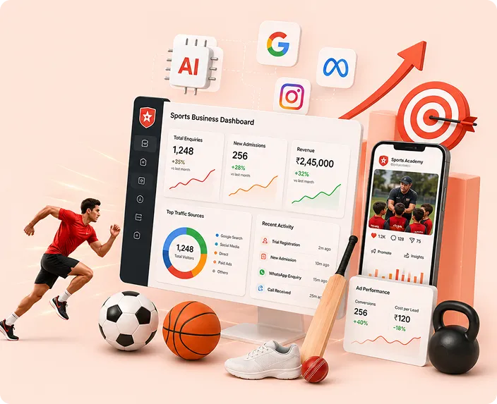 Sports business dashboard on a monitor and phone, surrounded by sports equipment and AI/social media icons