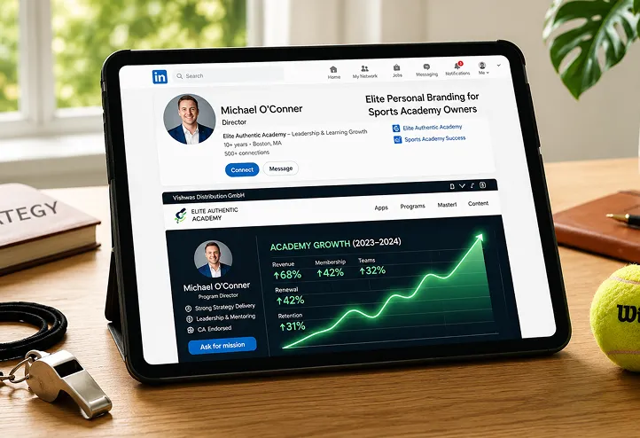 Tablet on a desk showing a LinkedIn profile and academy growth chart, next to a whistle and tennis ball